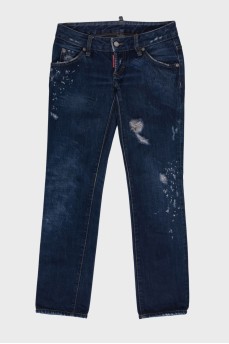 Темно-синие джинсы с эффектом потертых 