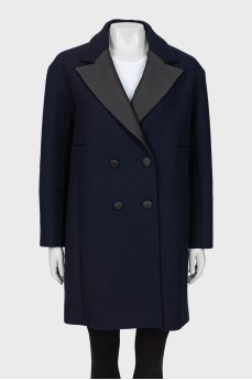 Темно-синє пальто з чорними лацканами 