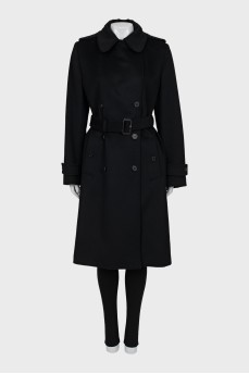 Двобортне чорне пальто з поясом