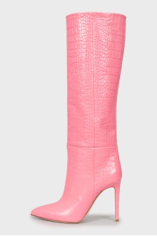 Шкіряні чоботи рожевого кольору з тисненням