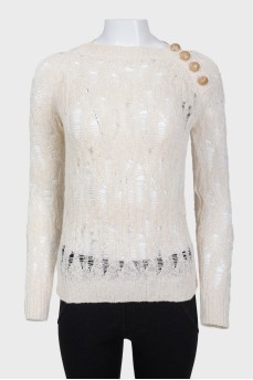Вязаный ажурный свитер с золотистыми пуговицами