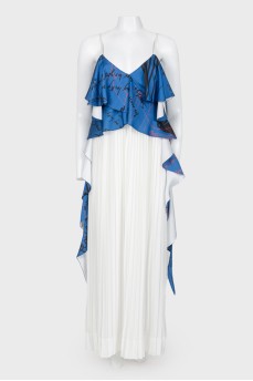 Віскозна біла сукня на бретельках із синіми воланами
