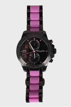 Чорно-рожевий годинник зі стразами