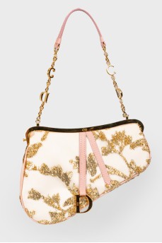 Сумка Dior Gold/Pink Embroidered Satin Limited Edition 0226 Mini Saddle Bag