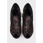 Fishnet peep-toe textile ankle boots