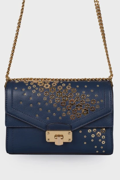 Кожаная синяя сумка с металлическим декором