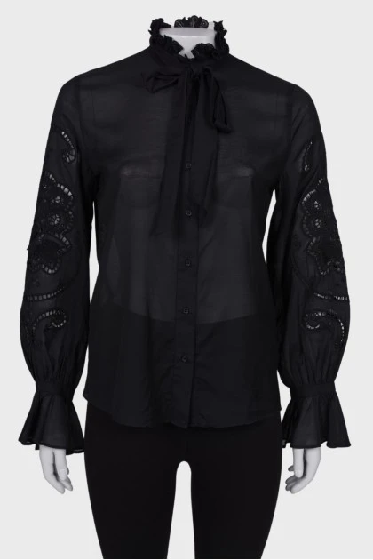 Черная хлопковая блуза с рукавами-фонариками