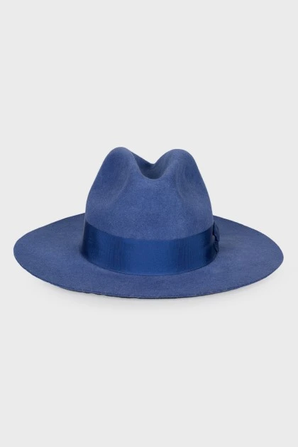 Вовняний синій капелюх з бантом