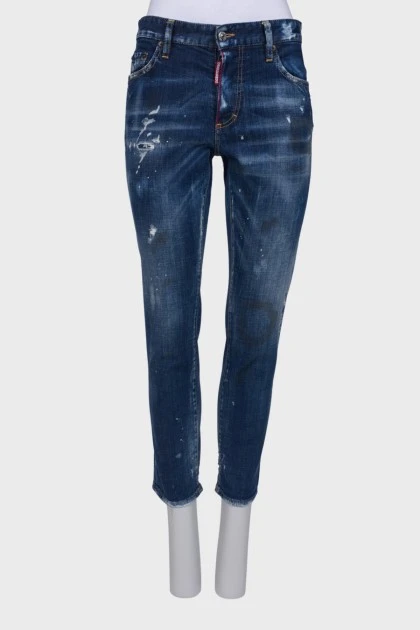 Темно-синие джинсы с принтом и эффектом потертости