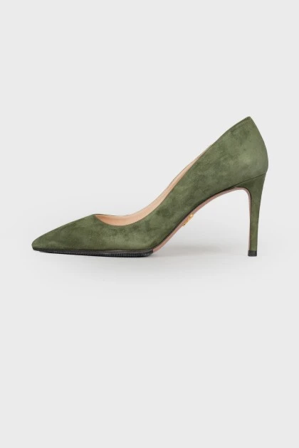 Замшеві зелені туфлі з гострим носком