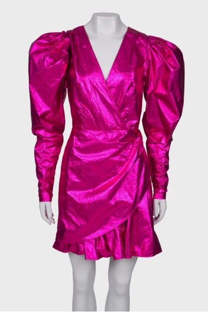 Платье розовое металлик с рукавом фонарик