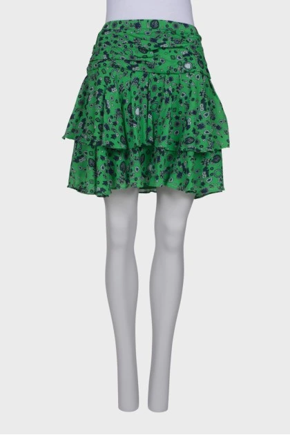 Зеленая юбка с оборками в принт 