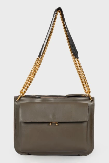 Кожаная комбинированная темно-оливковая сумка 