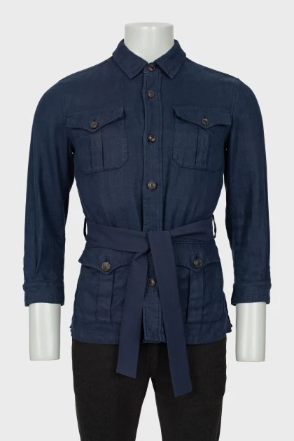 Мужской темно-синий пиджак с поясом 