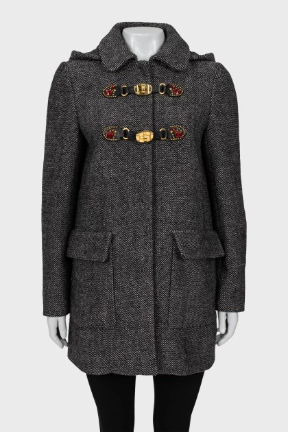 Вовняне пальто А-силуету з капюшоном