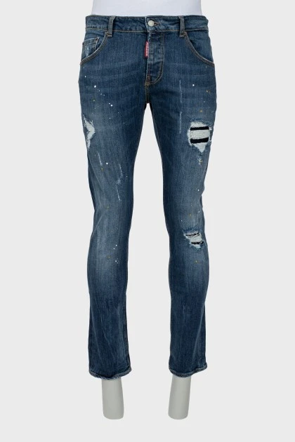 Мужские синие джинсы с рваным эффектом