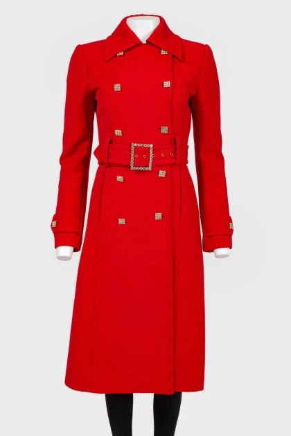 Пальто червоне приталене з поясом