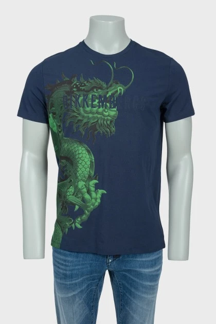 Темно-синяя мужская футболка с зеленым драконом