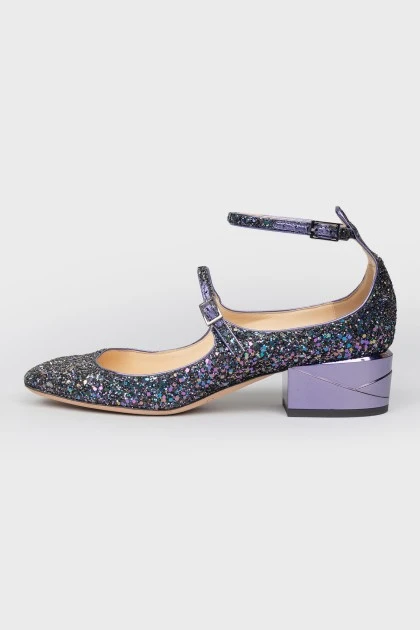 Фиолетовые туфли на металлическом каблуке со стразами