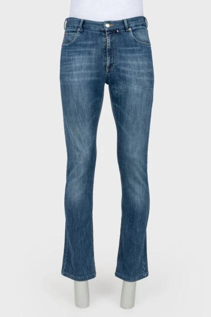 Мужские темно-синие джинсы с потертостями