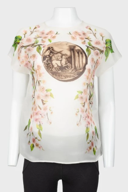 Блуза с принтом цветущей вишни