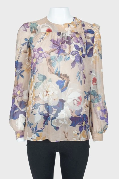 Бежевая шелковая блуза с цветочным рисунком